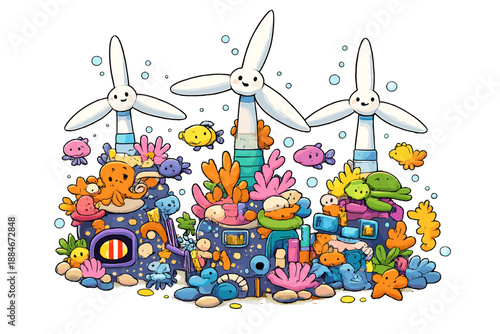 Techno Coral Reef. whimsical doodle-style vector illustration of technology as a coral reef: offshore wind turbines with smiling