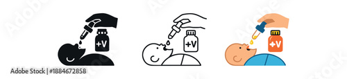 newborn vitamin drops icon on light background. parent giving baby liquid vitamins with dropper. supplementation symbol. dropper clearly readable