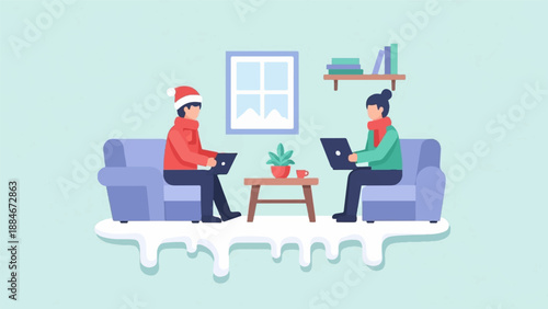 Two people working on laptops at home in winter with snow