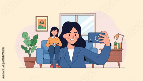 Two women in a living room, one taking a selfie with her phone
