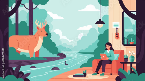 Woman on armchair with tablet, deer by river in forest
