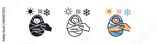newborn temperature control icon on light background. parent adjusting baby blanket layers. overheating prevention symbol. clothing clearly readable