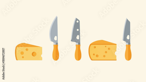 Yellow cheese wedges and grey knives arranged horizontally on cream background