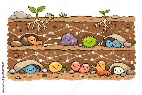 Happy Underground Ecosystem. A lighthearted doodle-style vector scene focusing on invisible ecosystem protection, soil layers with