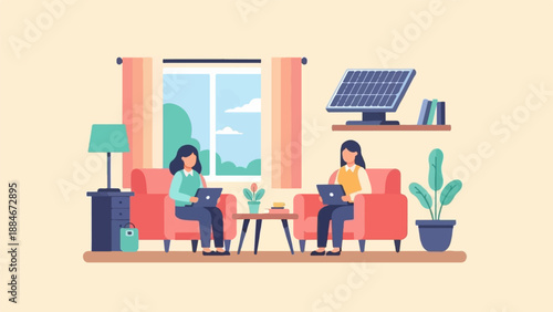 Two people work remotely in a living room with a solar panel