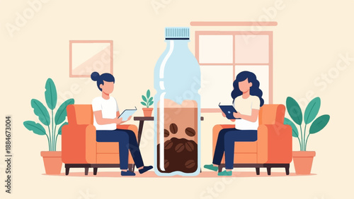 Two women reading books beside a giant bottle of coffee beans and liquid