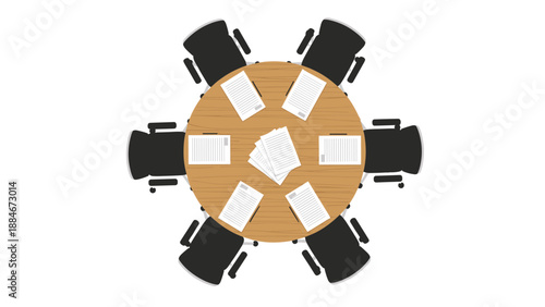 Top-down view of a round conference table with six chairs, a central stack of documents, and additional papers at each seat, awaiting a meeting.