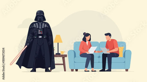 Character with light saber stands near couple discussing documents on sofa