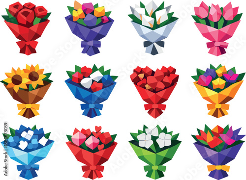 Low-Poly Floral Icons. Geometric low-poly vector icons depicting a festive flower bouquet built from angular polygonal facets with