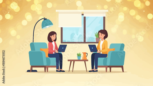 Two women work on laptops in cozy armchairs in a brightly lit room