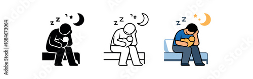 parent exhaustion icon on light background. tired parent sitting with newborn at night. sleep deprivation symbol