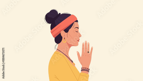 Woman with eyes closed, wearing headband and jewelry, praying or meditating