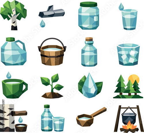 Birch Sap Icons. Low-poly vector icon set of birch sap juice harvested in spring, illustrated in sharp geometric polygonal style
