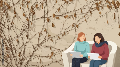 Two young women sit on a couch and read from their tablets, near dry vines on a wall