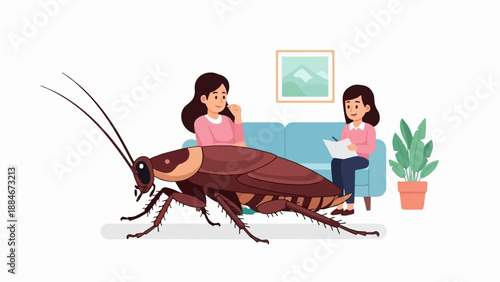 Two women and a large cockroach in a room with a couch, plant, and artwork