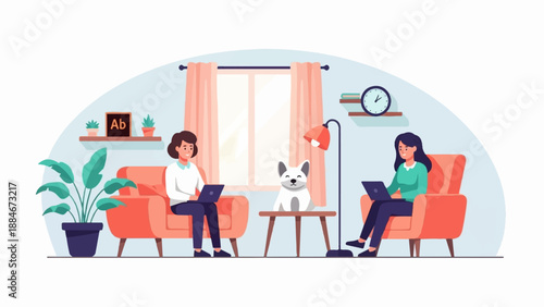 Two women and a dog work remotely in cozy chairs with laptops