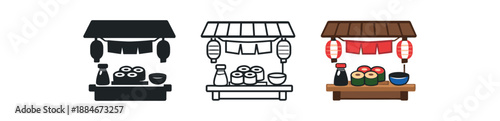 cozy street food sushi stall with paper lanterns soy sauce bowl