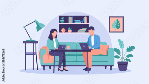 Two people work on laptops at a coffee table in a living room