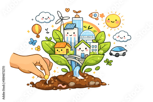 Future City Garden. A friendly doodle-style vector illustration of the future as a garden planted today: a gentle hand planting a