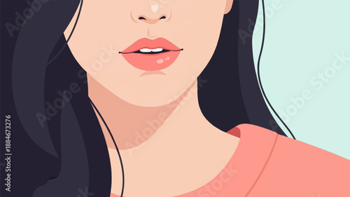 Close-up illustration of a person's mouth with full lips, nose, and dark hair