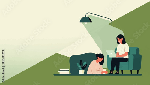 Two women work on laptops in a dimly lit, modern living room space