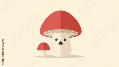 Two whimsical cartoon mushrooms, one large, one small, on a cream background