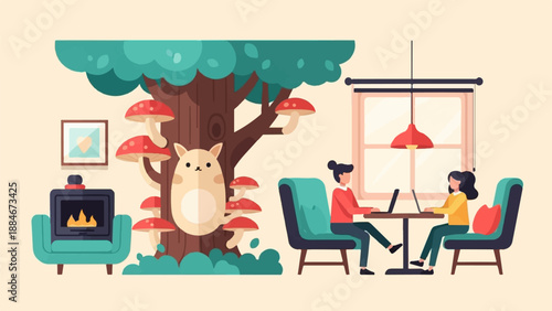 Whimsical scene with a fluffy creature, mushrooms, a fireplace, and people working on laptops