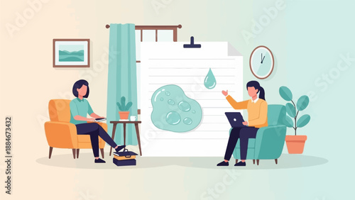 Two women discuss water droplets and bubbles on a paper