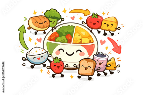 Dancing Balanced Plate. Fun doodle diet concept with cute food portions dancing together, balanced plate smiling, arrows and stars