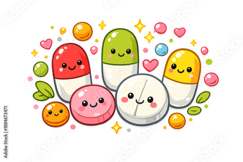 Playful Vitamin Scene. Cute doodle-style vitamins scene with smiling capsules and tablets, friendly rounded shapes, colorful