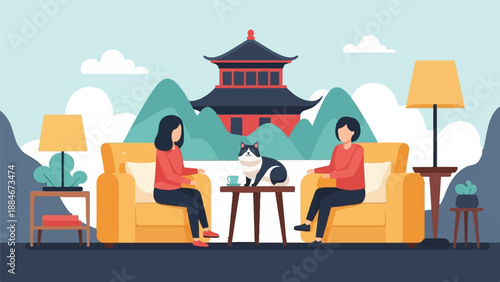 Two women sit on sofas in a living room with a cat and pagoda