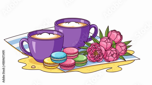 Two purple cups of coffee with macarons and pink flowers on a striped towel