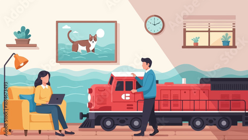 Woman on laptop, man by train, cat painting, plants, clock, lamp