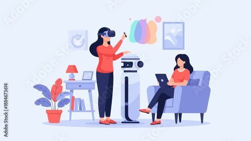 Two women interact with technology, one in virtual reality with a robot