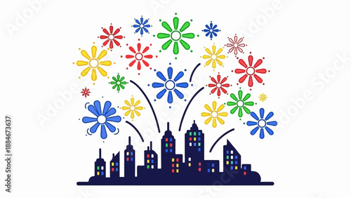 Colorful fireworks explode above a dark city skyline at night