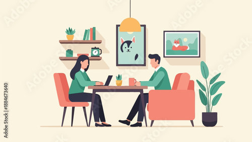 Two people working and relaxing in a cozy room with pet art