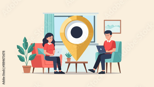 Two people work on laptops in a room with a large map pin