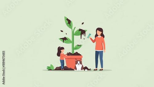 Woman and child repot a plant with a dog nearby on a light green background