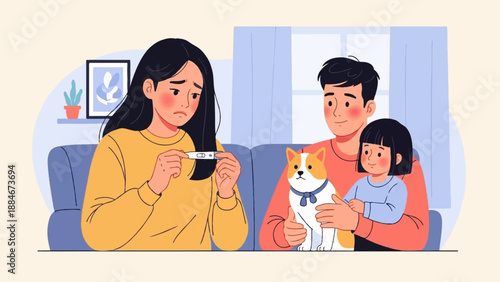 Woman with pregnancy test looks sad; family with dog on couch