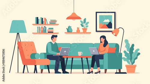 Two people working on laptops on a sofa in a cozy living room