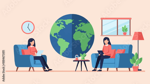 Two women work remotely in a room with a large globe and plants
