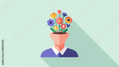 Colorful flowers bloom from a person's head, symbolizing growth