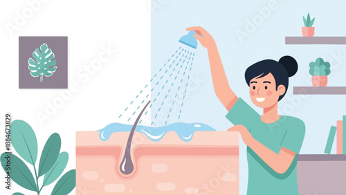 Woman caring for skin and hair, shower rinsing, plant decor