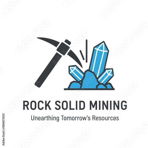 Obraz na plátně Mining Pickaxe Striking Blue Crystals Illustration.