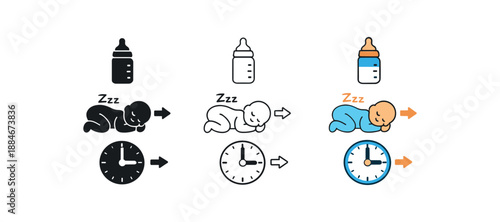 newborn sleep routine icon on light background. sequence of feeding and sleeping. daily rhythm symbol. symbols clearly readable