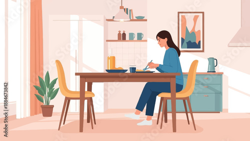 Woman eating breakfast at a table in a sunlit kitchen