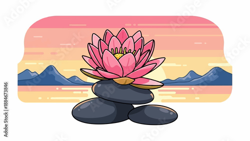 Zen stones with a pink lotus flower against a sunset sky and mountains