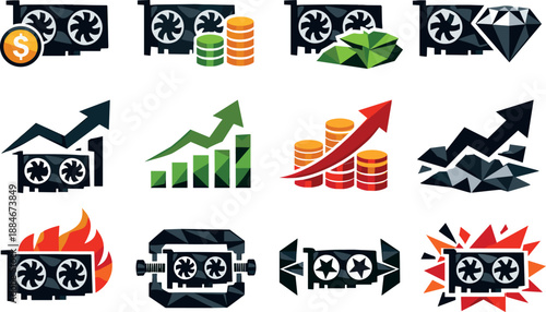 Geometric GPU Icons. Geometric low-poly vector icons visualizing higher graphics card prices, cost growth, and GPU market pressure