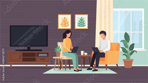 Two people working on laptops in a modern living room with plants