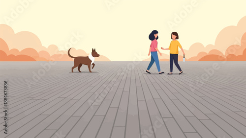 Two women and dog walk across a wide, gray, paved plaza under a pale orange sky